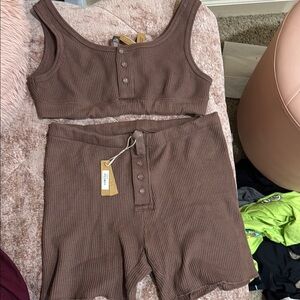 Brown Ribbed Crop Top and Shorts Set skimz